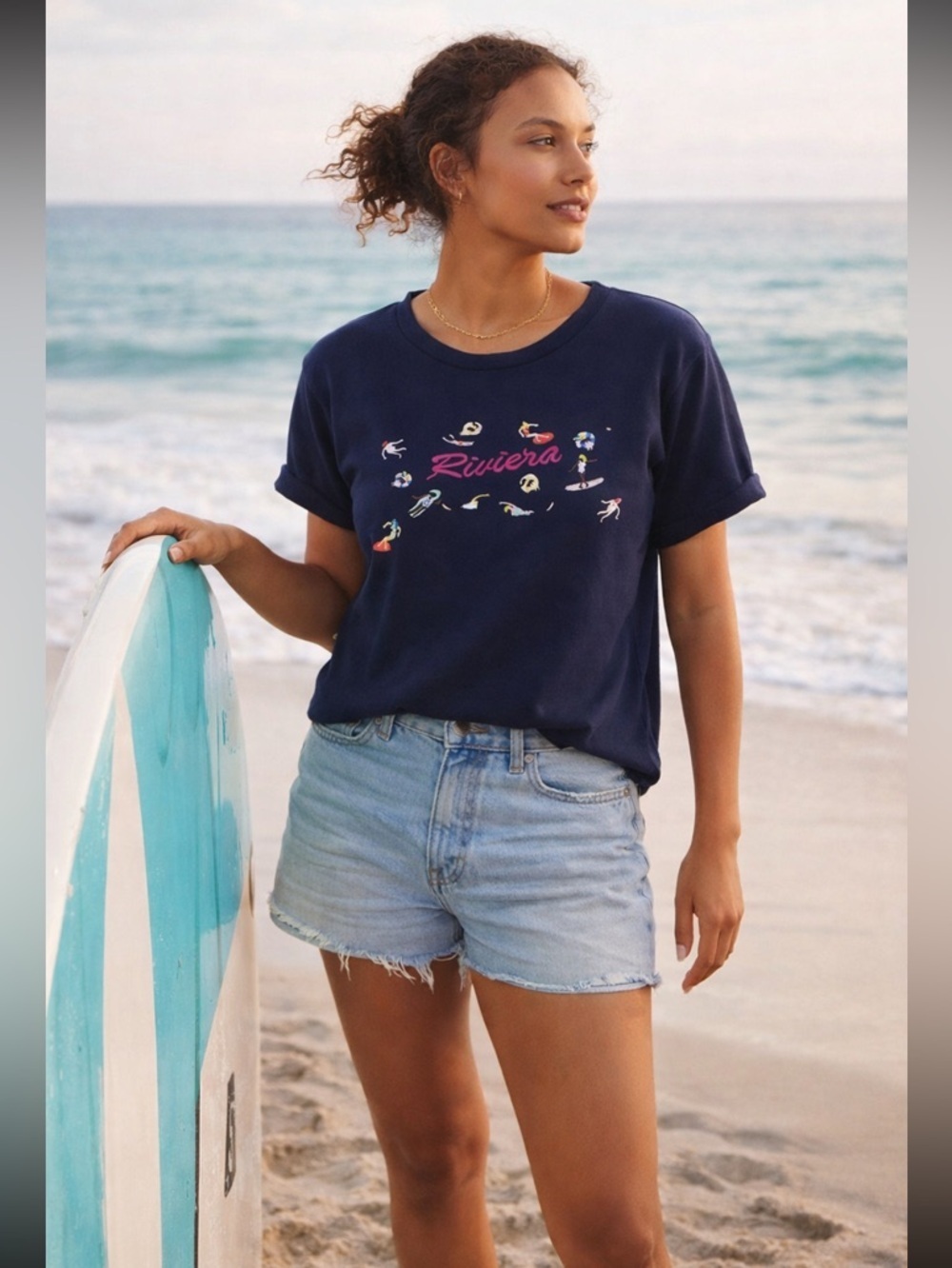 NWT Anthropologie Maeve Beach Embroidered "Riviera" Sweatshirt Tee size L.